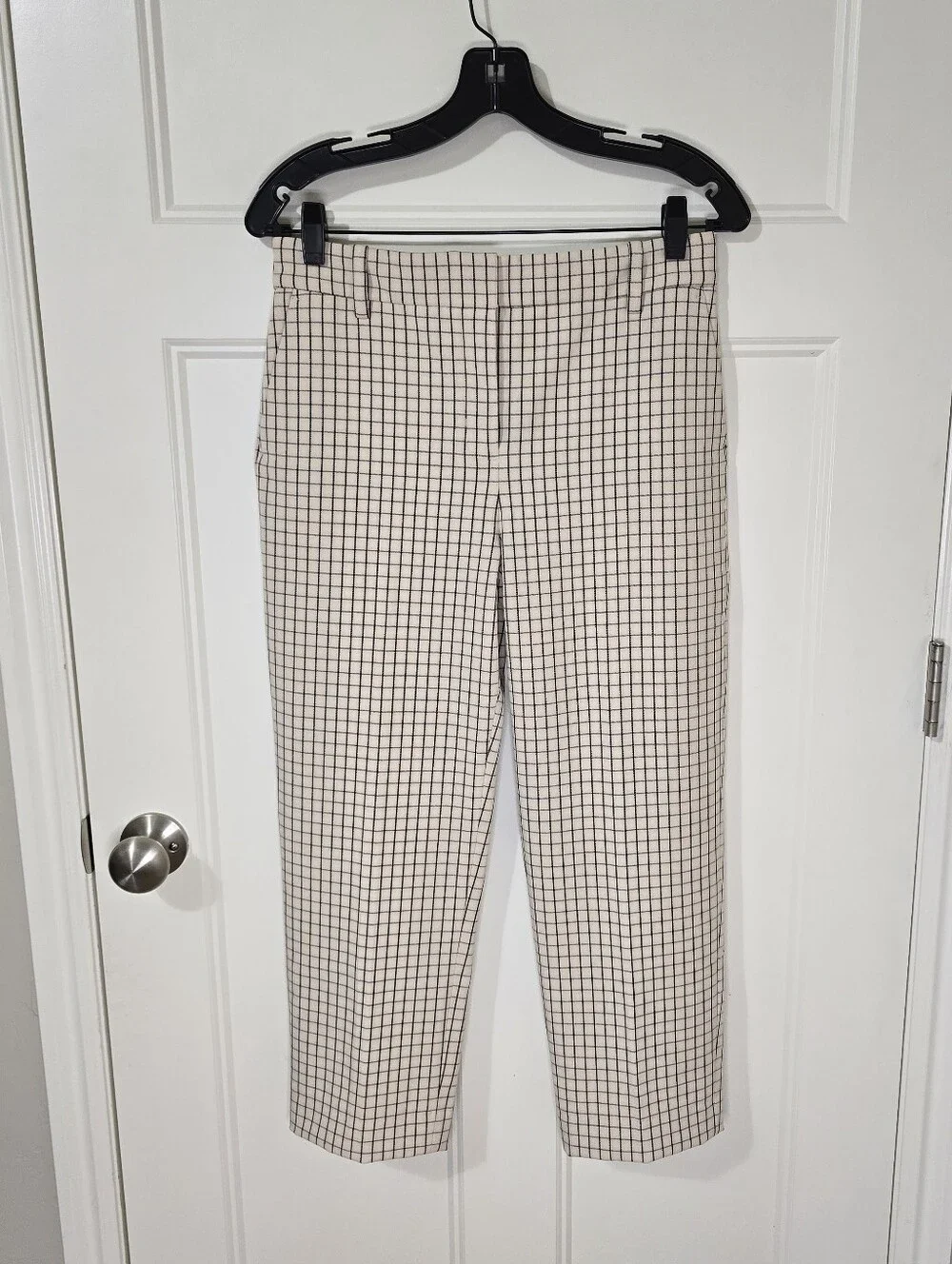 TORY BURCH Checked Cropped Twill Pants Women's 4 Cream Black Office